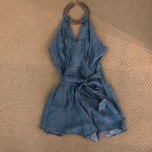 Denium Romper with Blue and Gold Chain